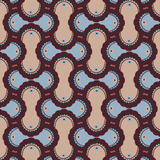 Detail of fabric in an interlocking curvilinear print in shades of blue, maroon and tan.