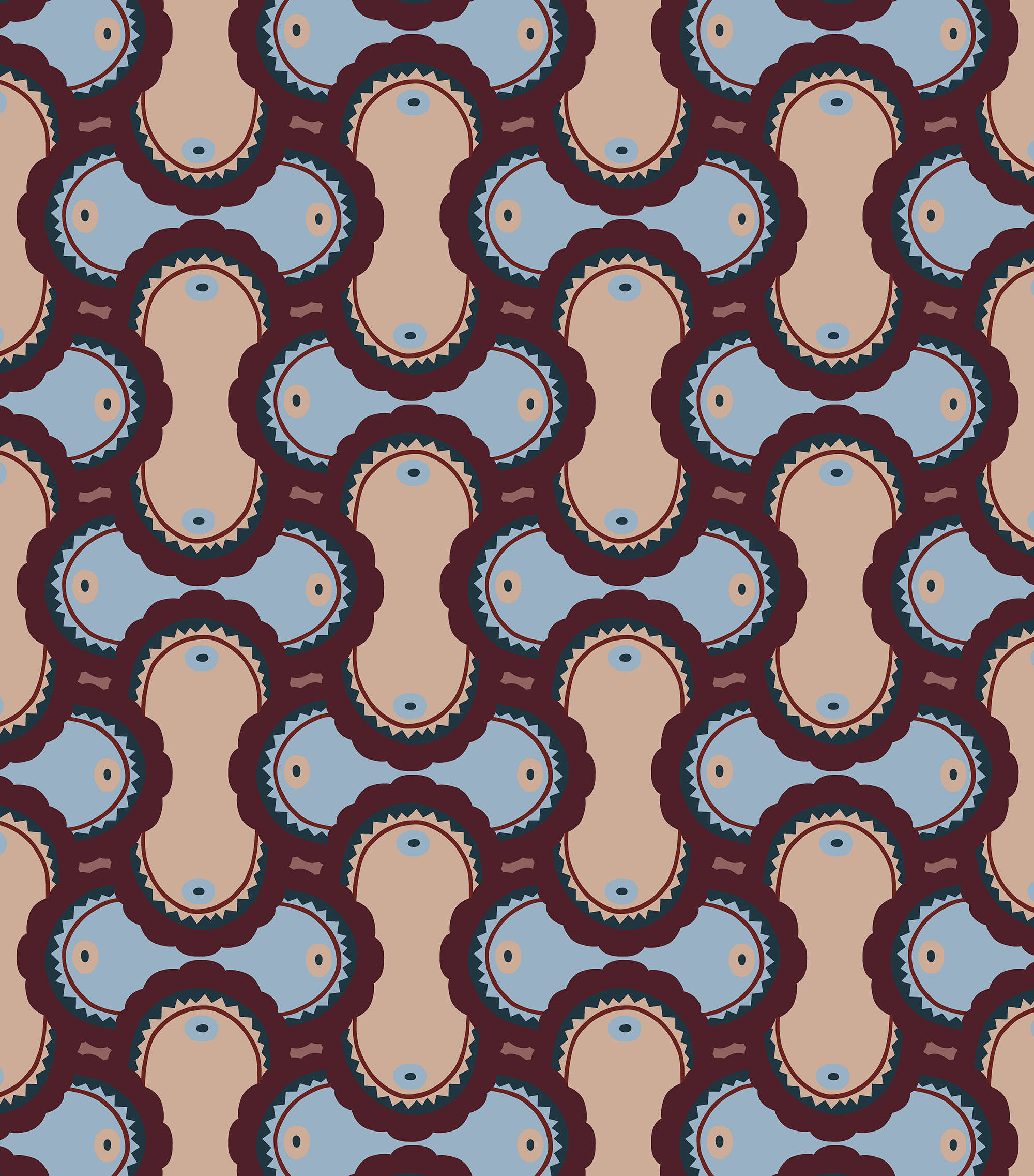 Detail of fabric in an interlocking curvilinear print in shades of blue, maroon and tan.