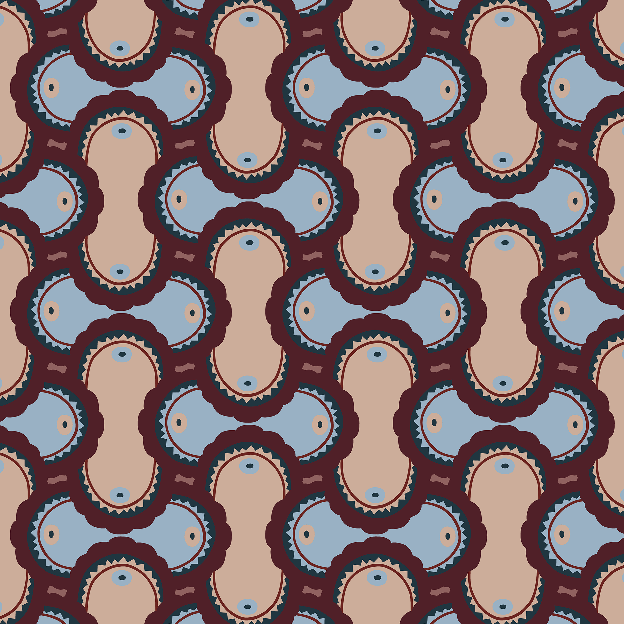 Detail of wallpaper in an interlocking curvilinear print in shades of blue, maroon and tan.