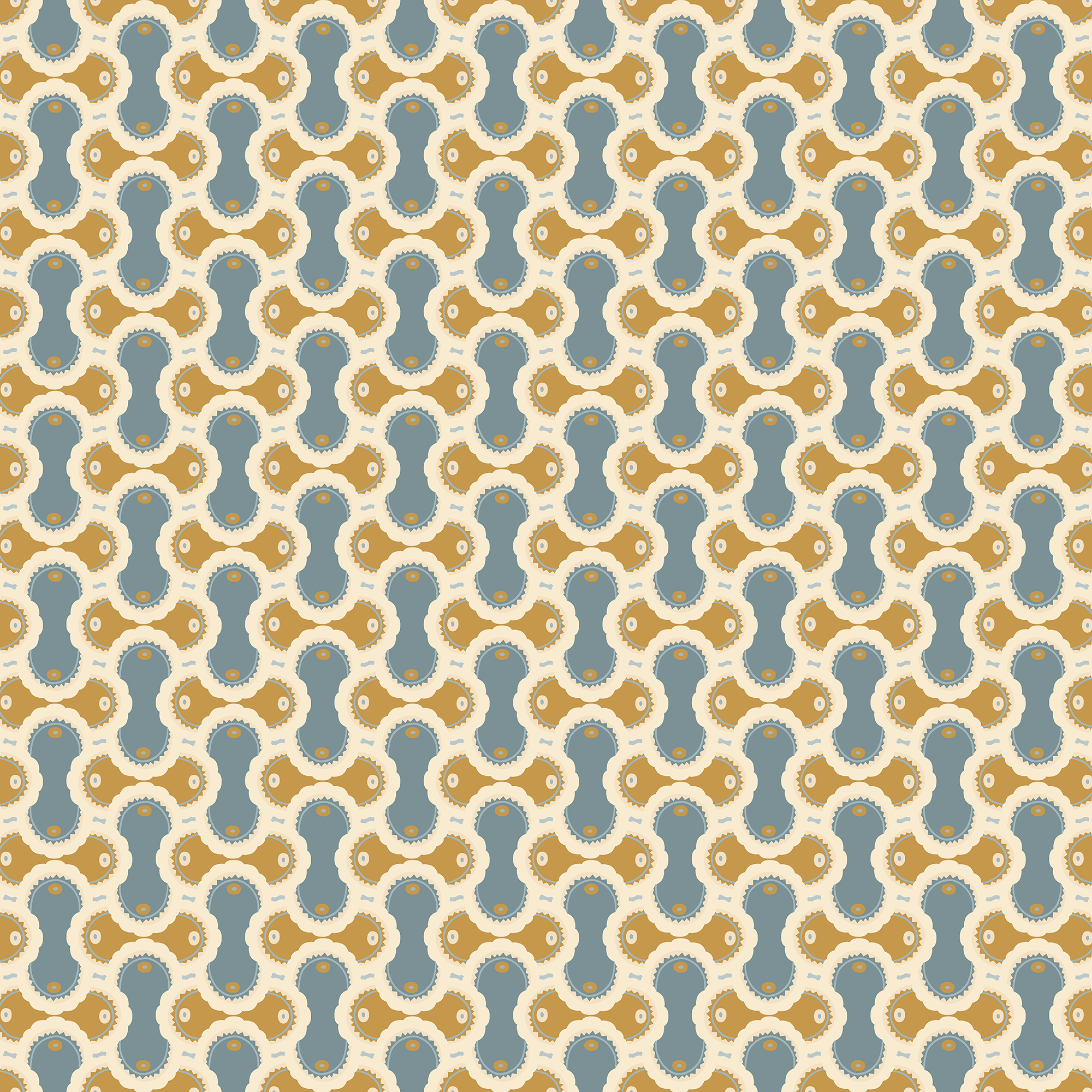 Scaled-out view of fabric in an interlocking curvilinear print in shades of cream, gold and blue-gray.