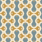 Detail of fabric in an interlocking curvilinear print in shades of cream, gold and blue-gray.