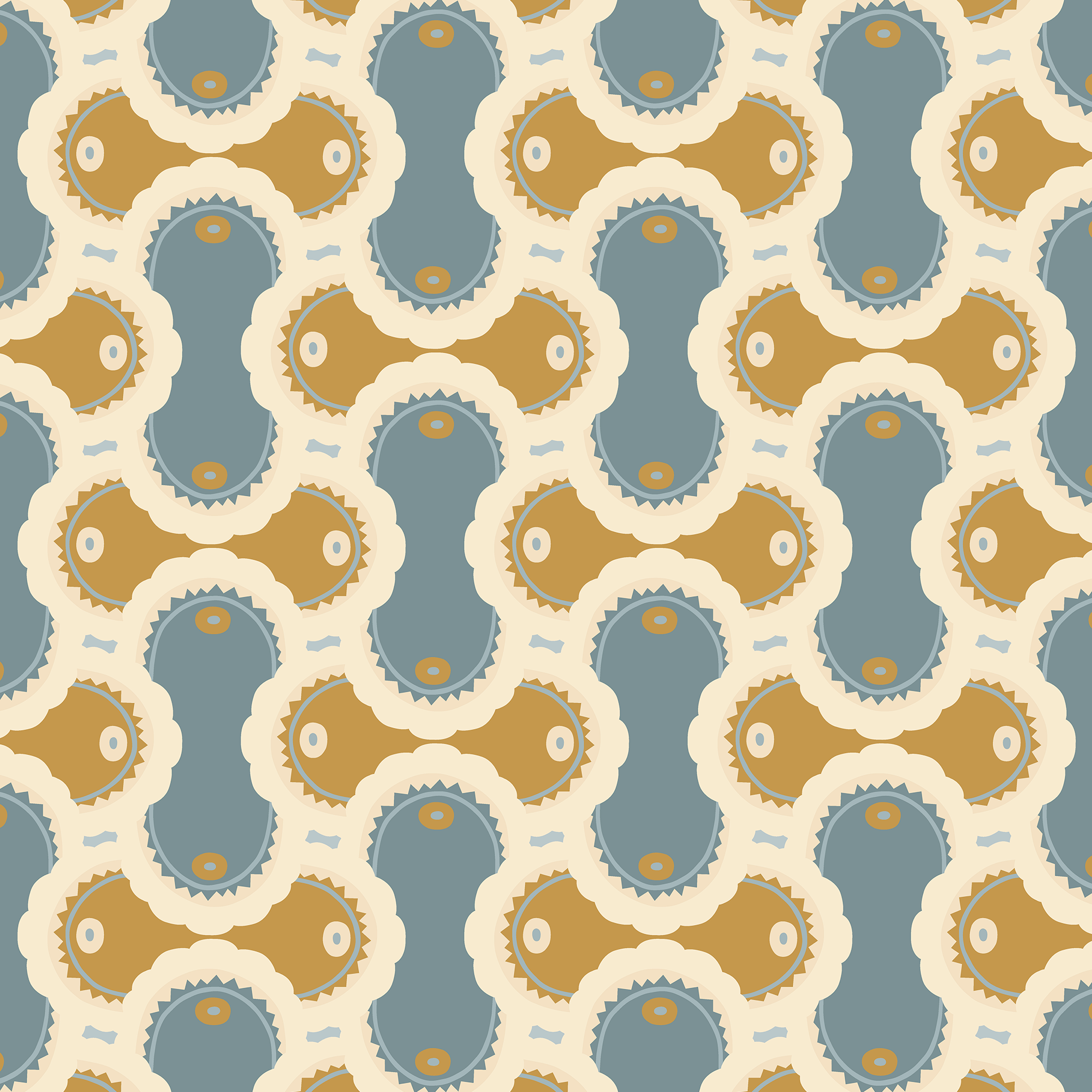 Detail of fabric in an interlocking curvilinear print in shades of cream, gold and blue-gray.