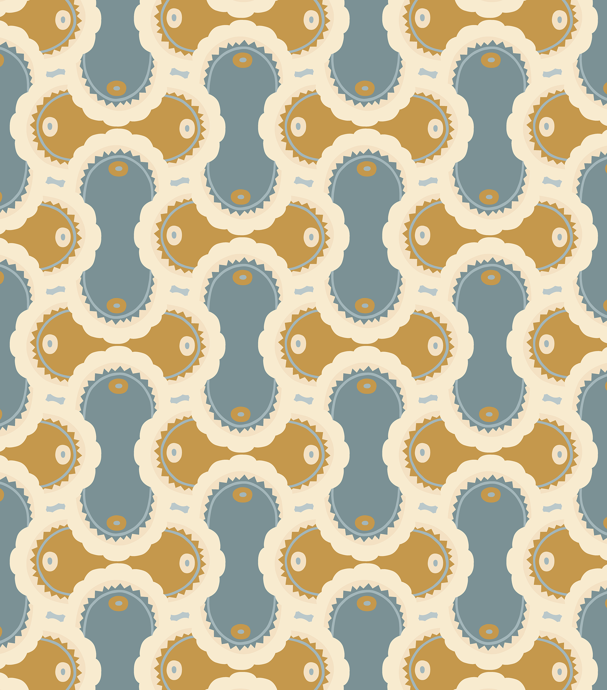 Detail of fabric in an interlocking curvilinear print in shades of cream, gold and blue-gray.