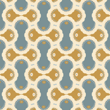 Detail of wallpaper in an interlocking curvilinear print in shades of cream, gold and blue-gray.