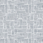 Detail of wallpaper in a directional dash pattern in blue-gray on a white field.