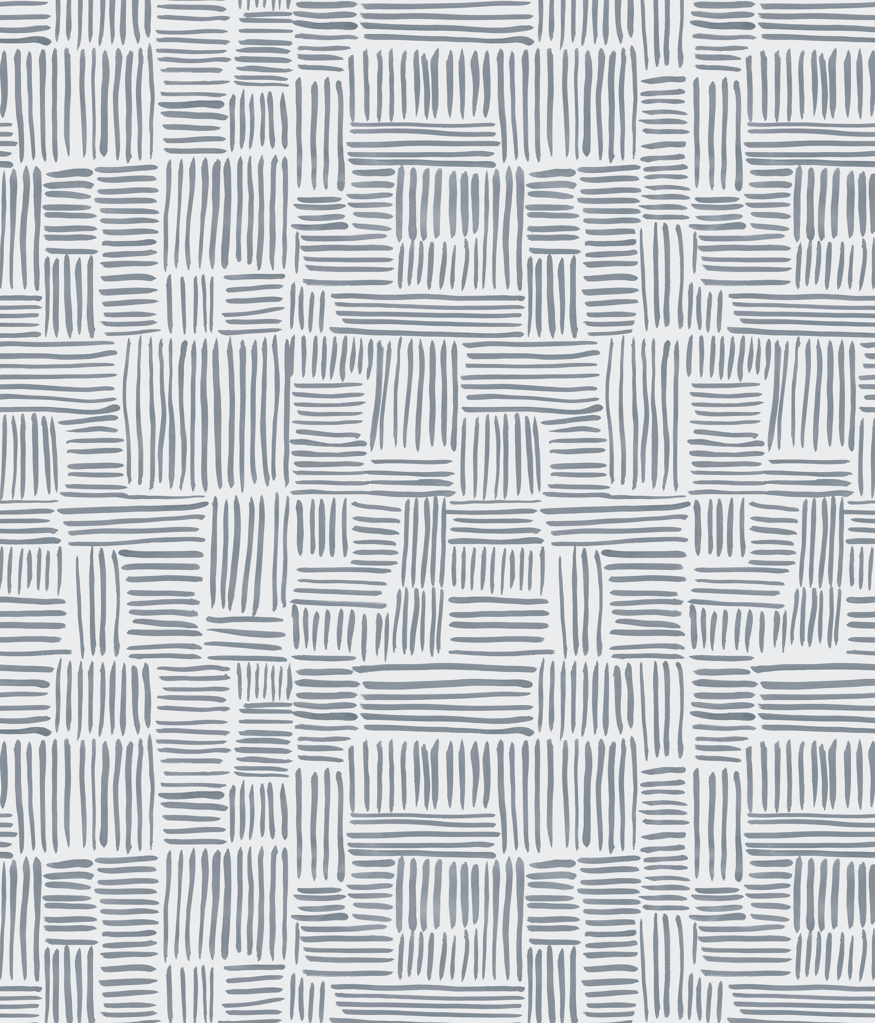 Detail of wallpaper in a directional dash pattern in blue-gray on a white field.