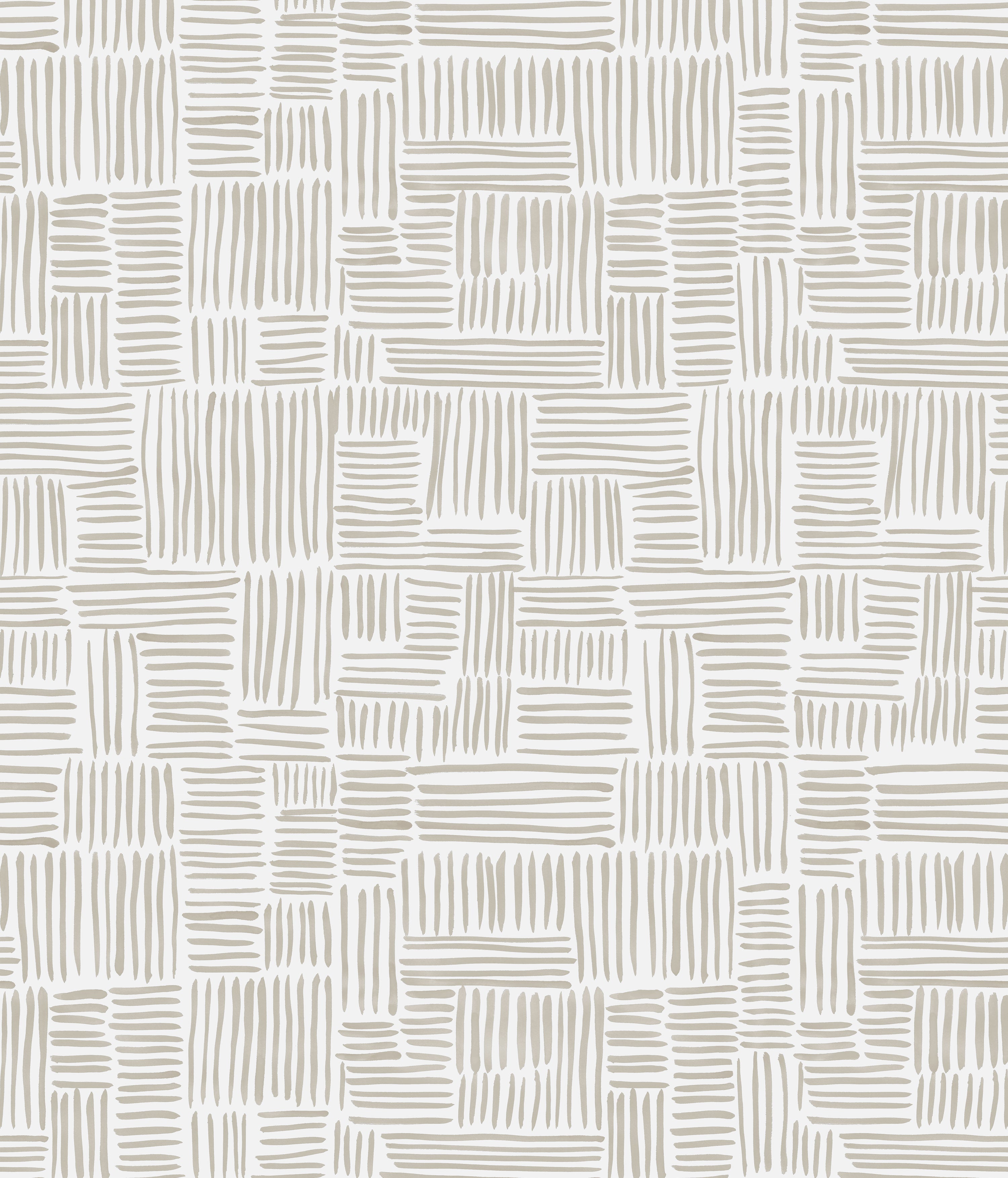 Detail of wallpaper in a directional dash pattern in cream on a white field.