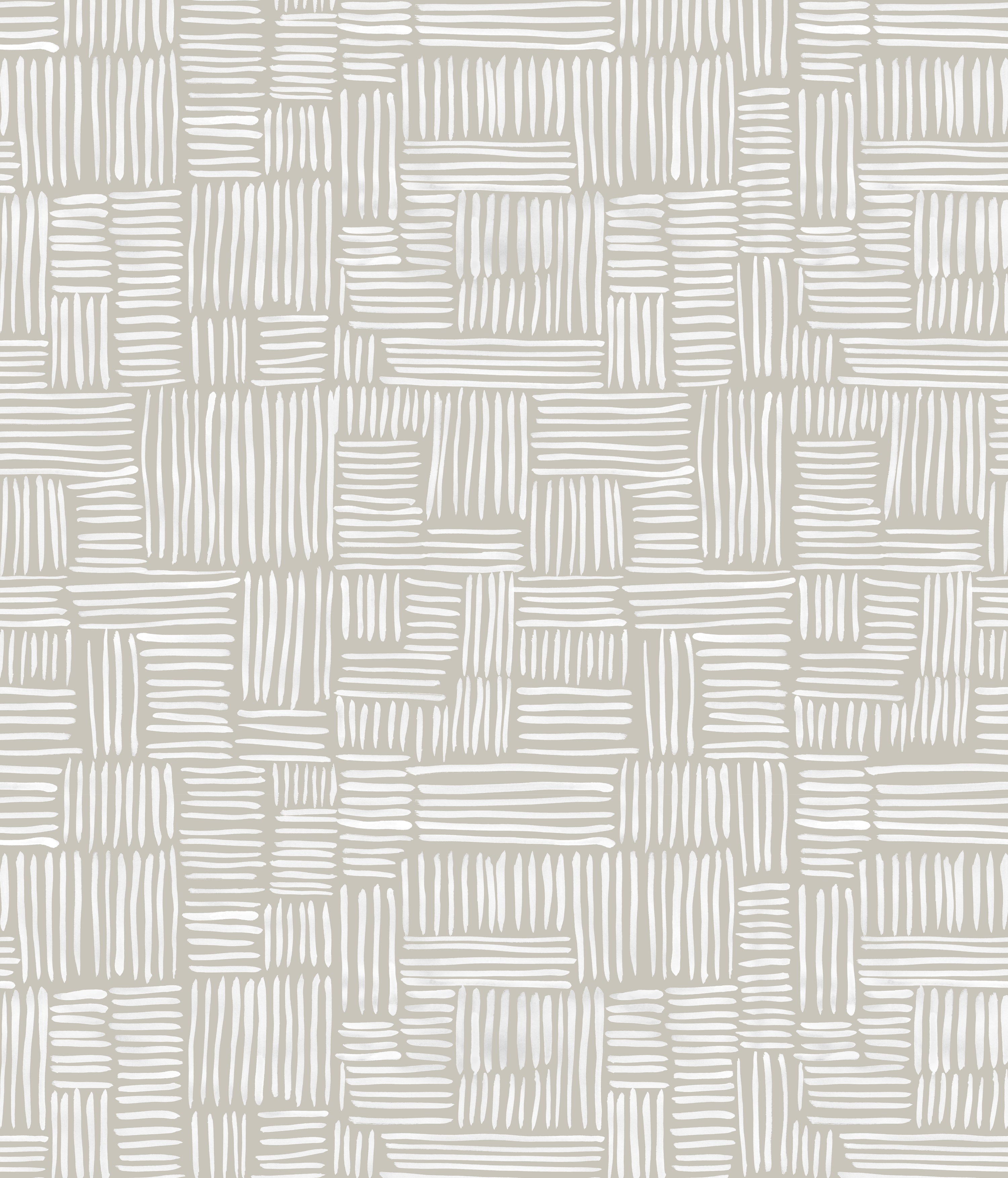 Detail of wallpaper in a directional dash pattern in white on a cream field.