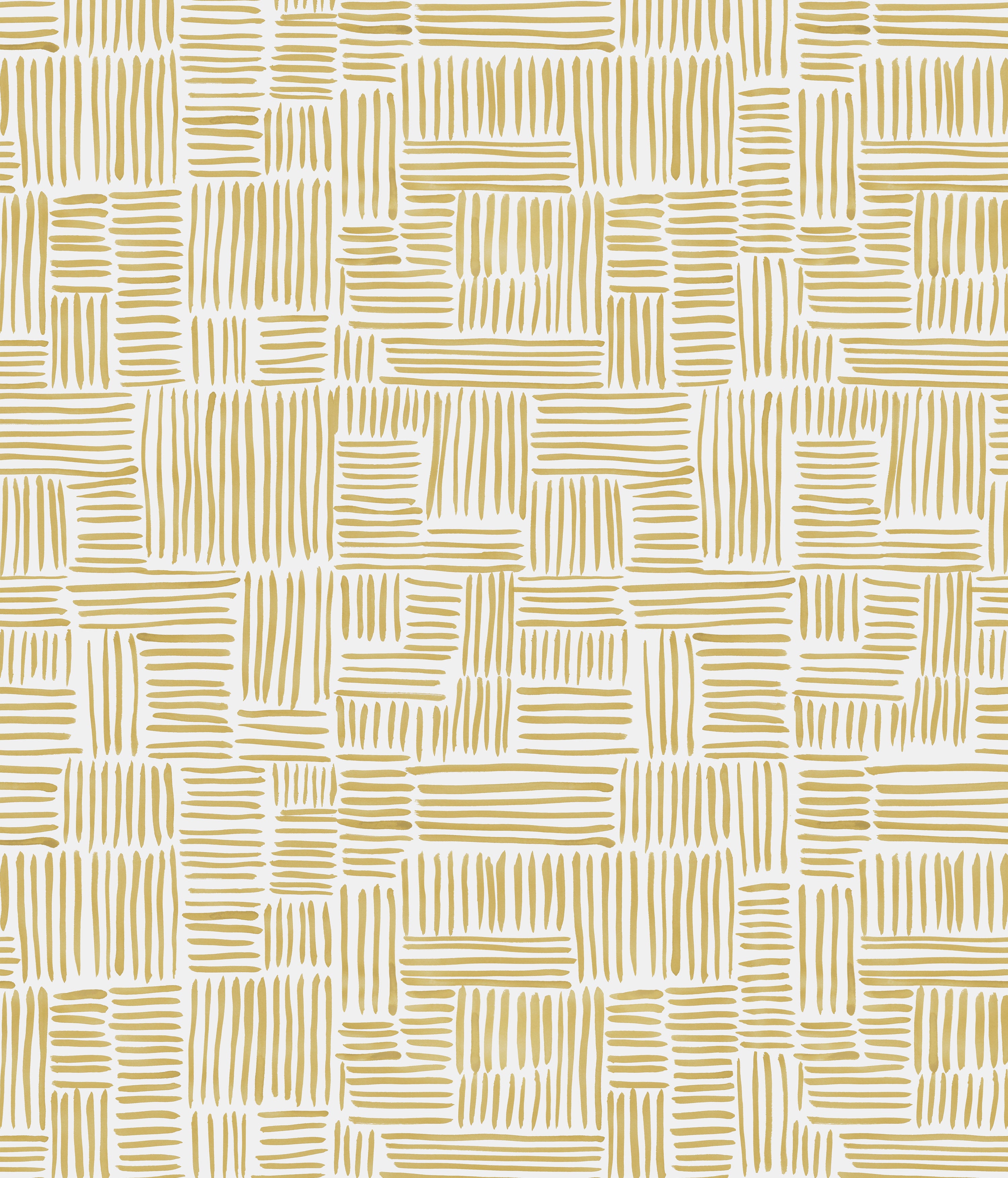 Detail of wallpaper in a directional dash pattern in yellow on a white field.