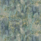 Detail of fabric in an abstract paint splotch print in shades of blue, green and tan.