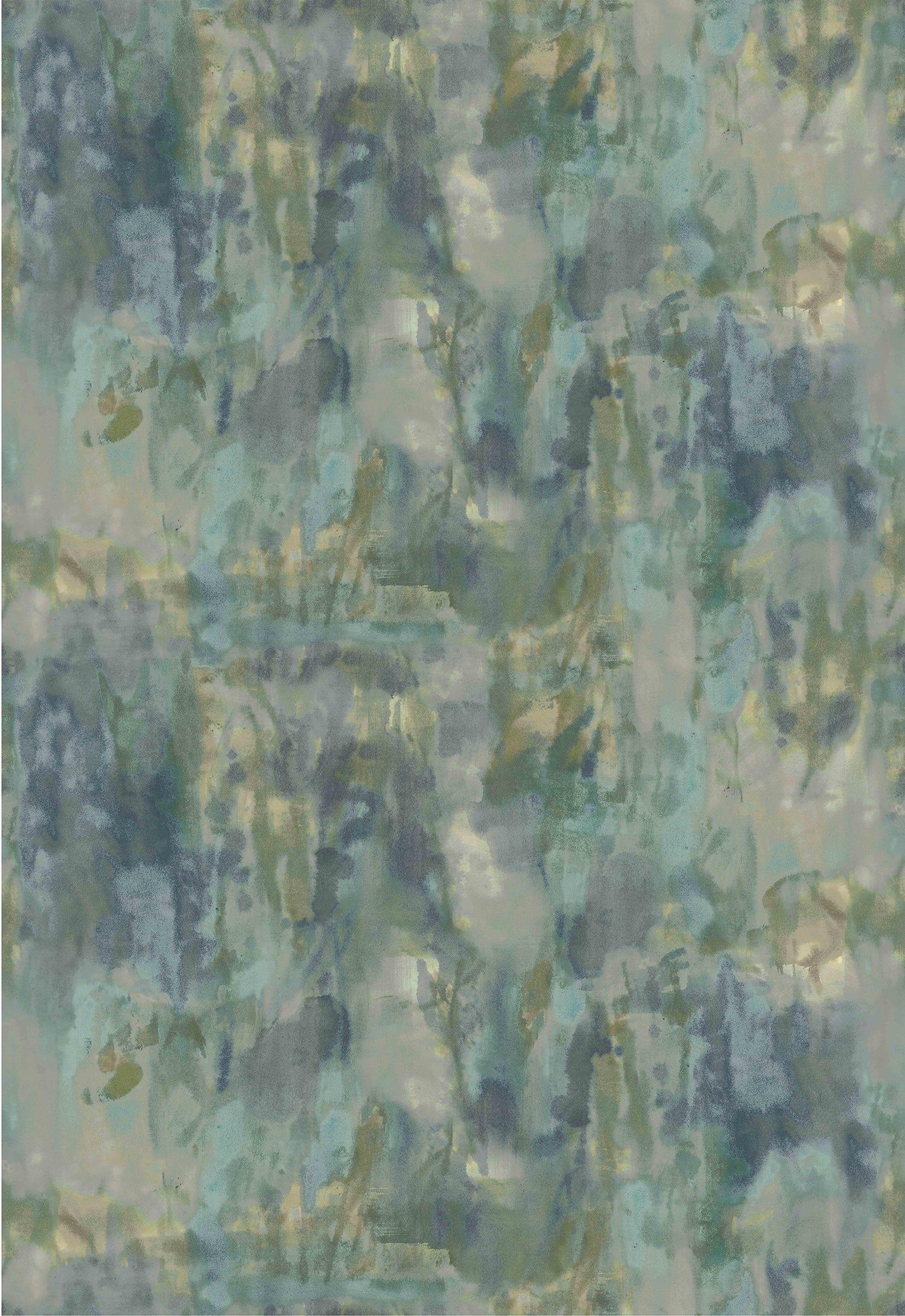 Detail of fabric in an abstract paint splotch print in shades of blue, green and tan.