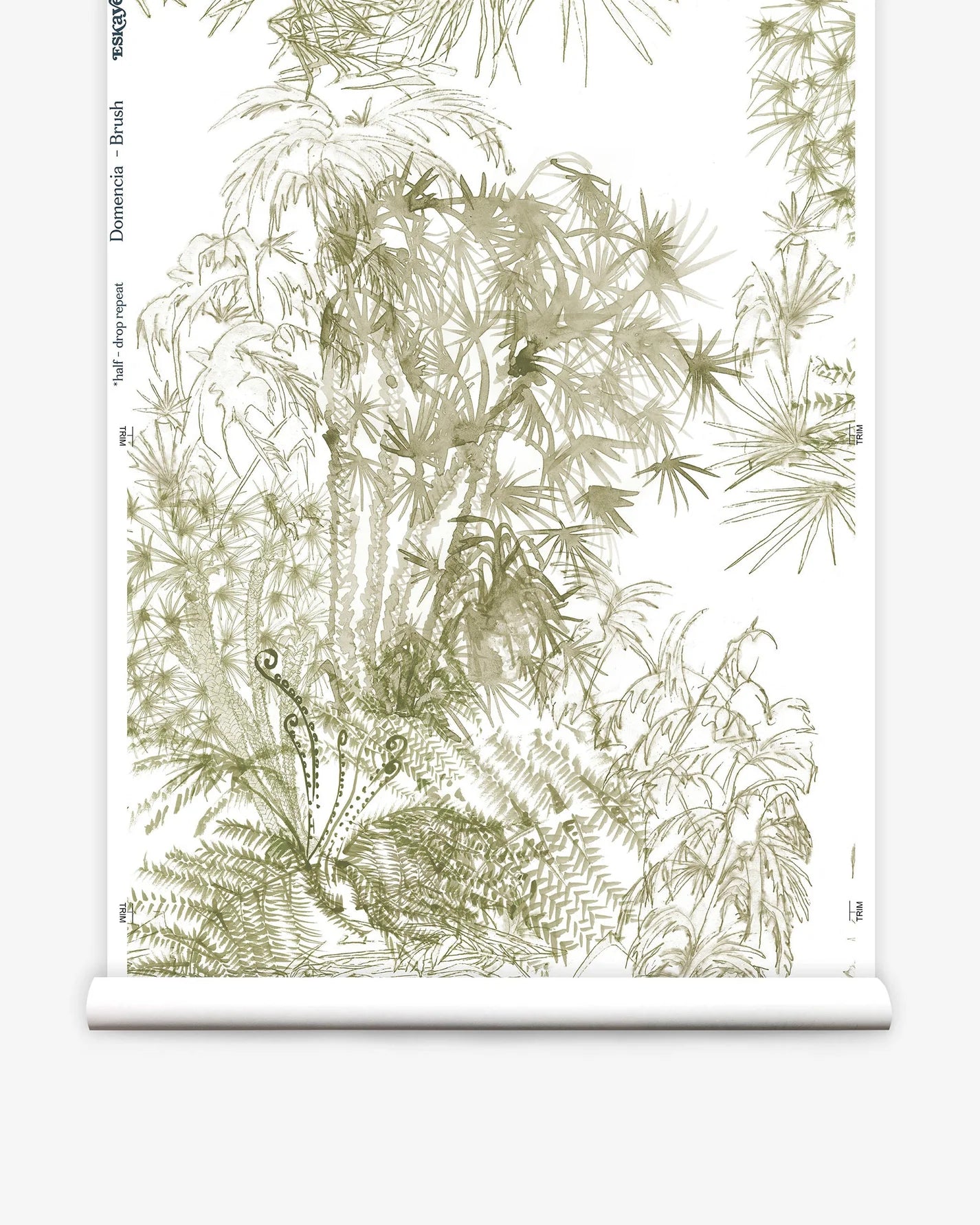 Partially unrolled wallpaper yardage in a painterly palm tree print in olive on a cream field.