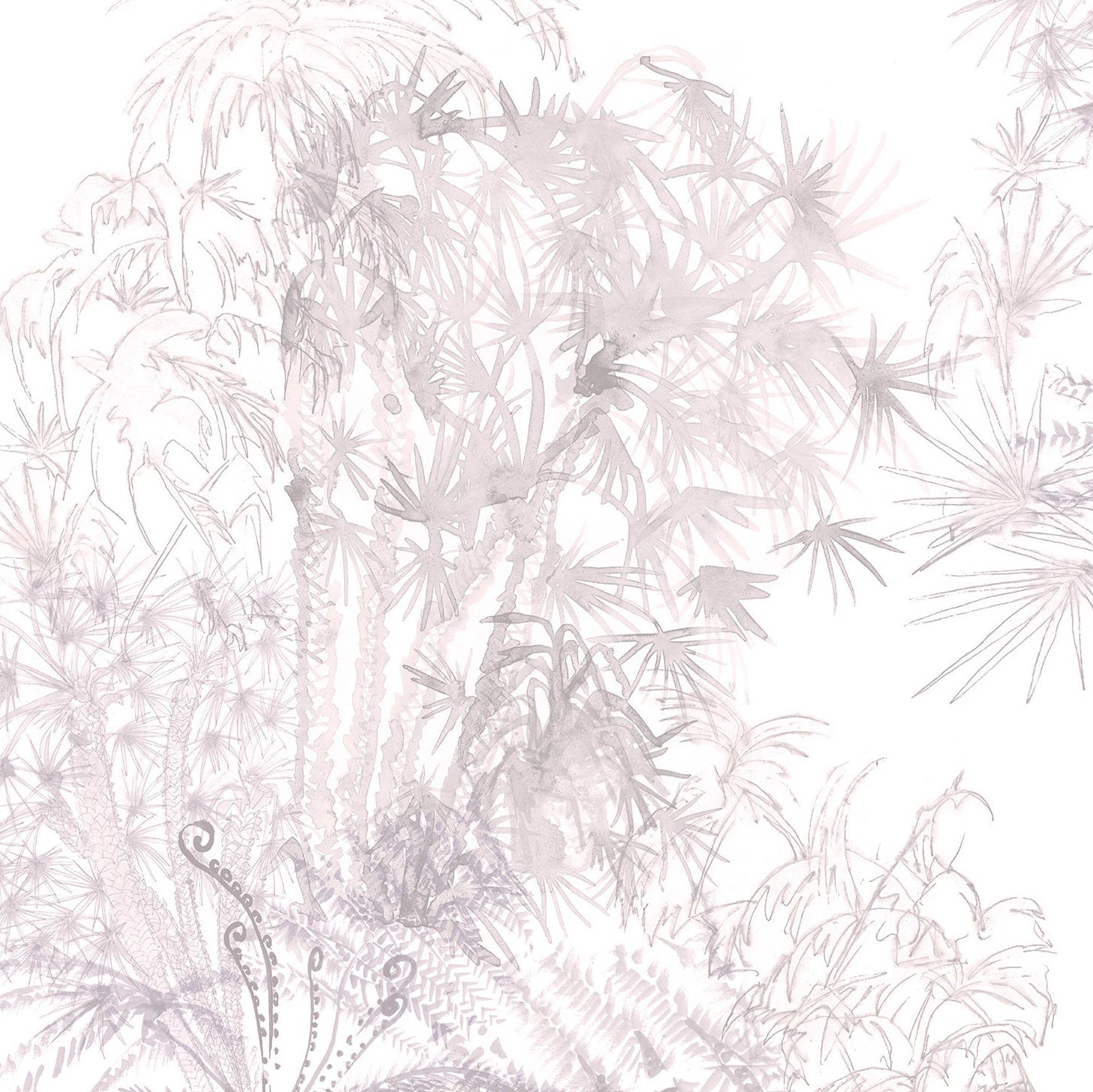 Detail of wallpaper in a painterly palm tree print in light pink on a cream field.