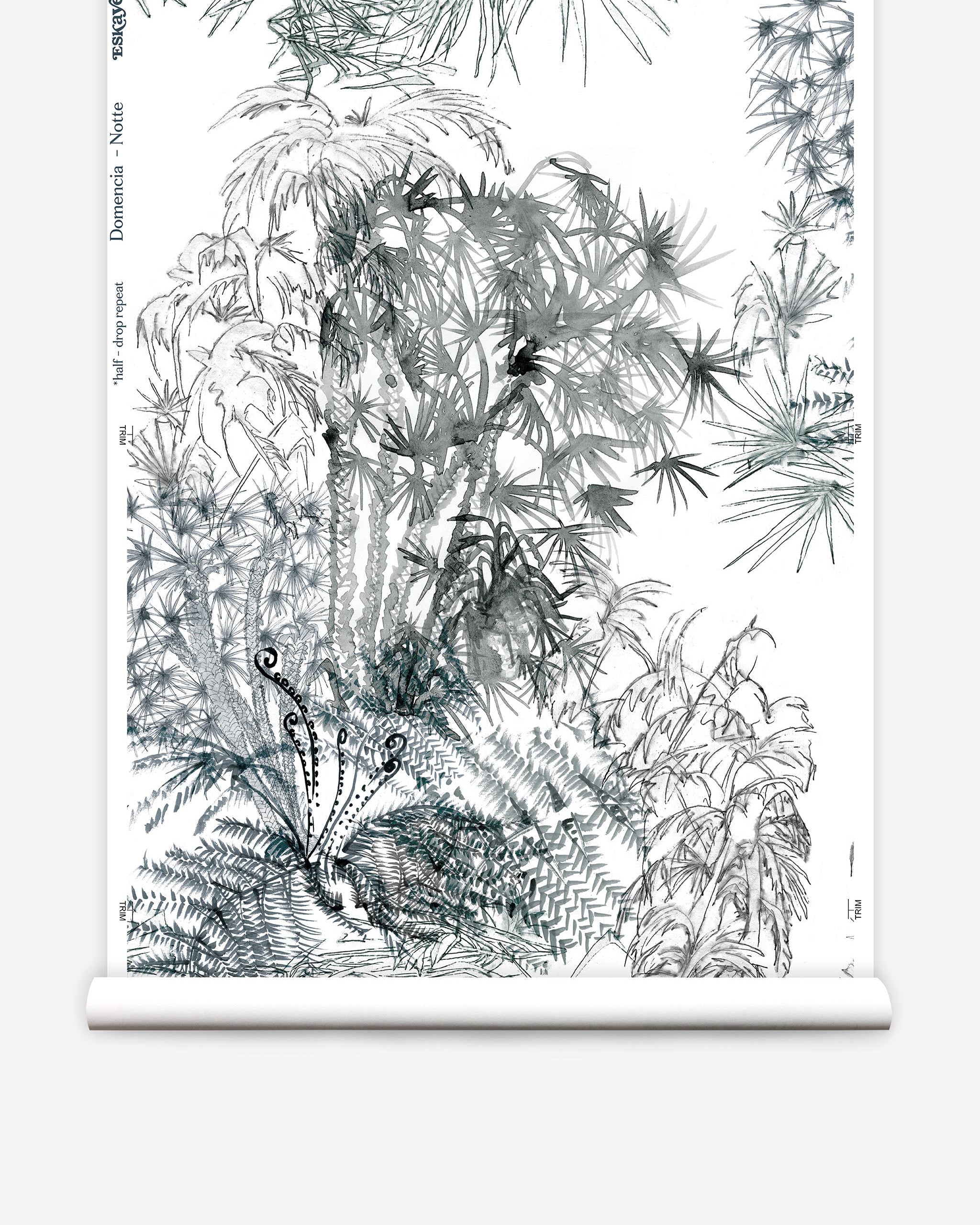 Partially unrolled wallpaper yardage in a painterly palm tree print in gray on a cream field.