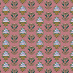 Scaled-out view of wallpaper in a repeating hand, eye and flower print in shades of green, pink and gold on a pink field.