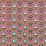 Scaled-out view of wallpaper in a repeating hand, eye and flower print in shades of green, pink and gold on a pink field.