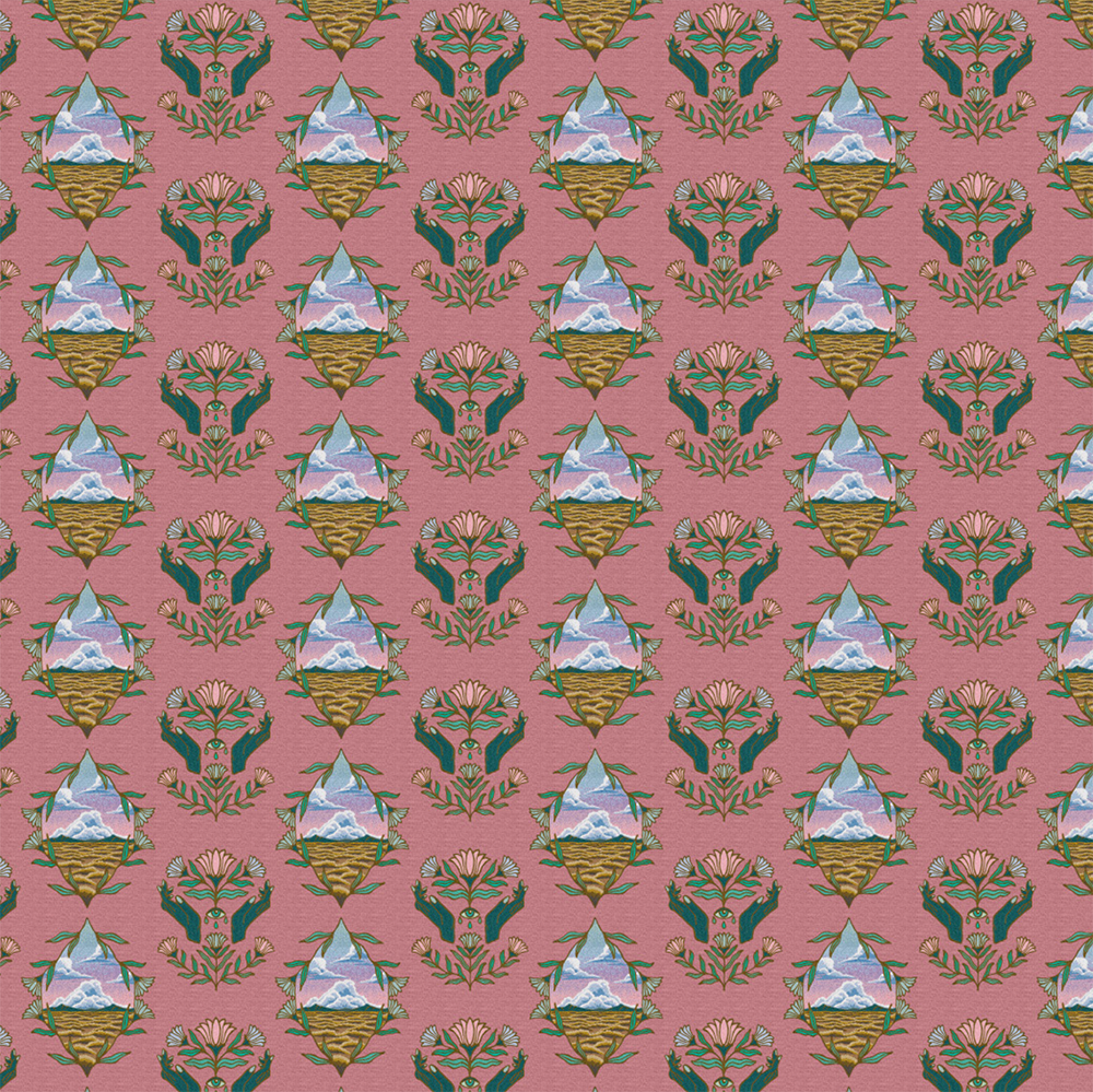 Scaled-out view of wallpaper in a repeating hand, eye and flower print in shades of green, pink and gold on a pink field.