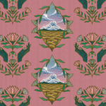 Detail of wallpaper in a repeating hand, eye and flower print in shades of green, pink and gold on a pink field.