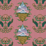 Detail of wallpaper in a repeating hand, eye and flower print in shades of green, pink and gold on a pink field.