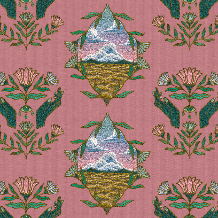 Detail of wallpaper in a repeating hand, eye and flower print in shades of green, pink and gold on a pink field.