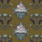 Detail of wallpaper in a repeating hand, eye and flower print in shades of purple and green on a dark olive field.