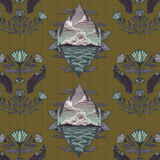 Detail of wallpaper in a repeating hand, eye and flower print in shades of purple and green on a dark olive field.