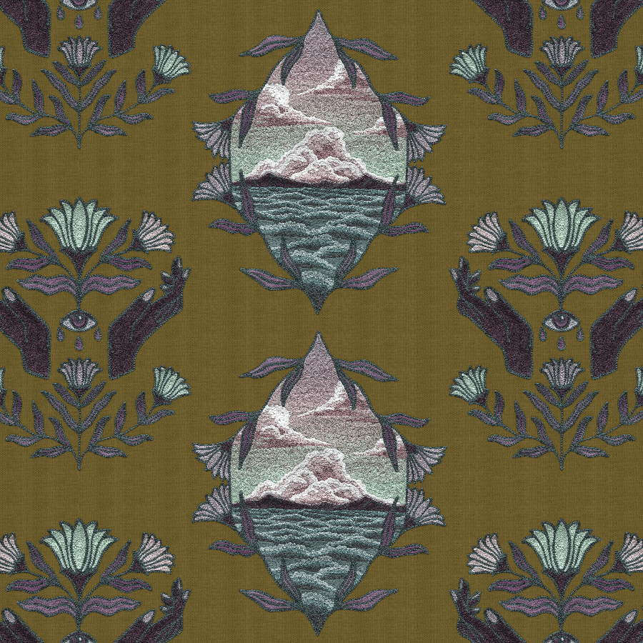 Detail of wallpaper in a repeating hand, eye and flower print in shades of purple and green on a dark olive field.