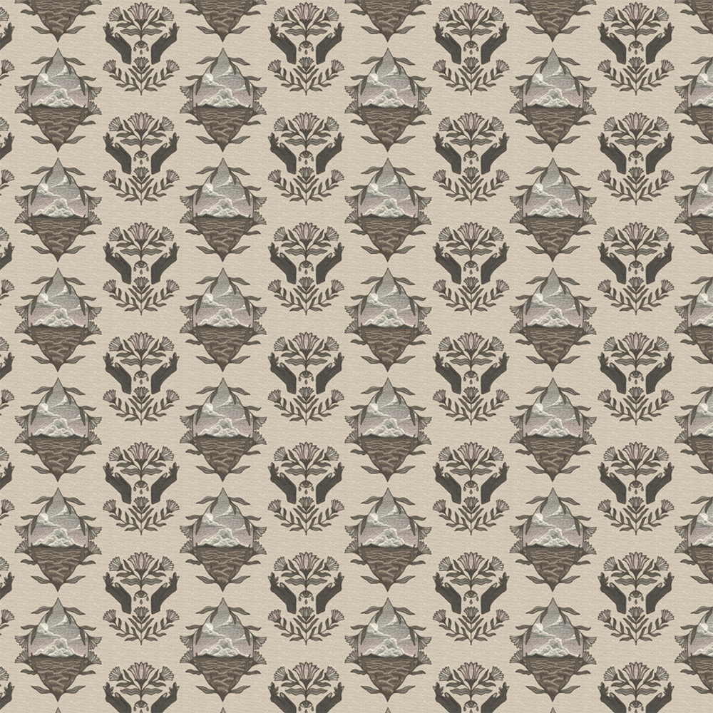 Scaled-out view of wallpaper in a repeating hand, eye and flower print in shades of brown and gray on a cream field.