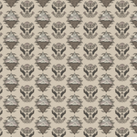 Scaled-out view of wallpaper in a repeating hand, eye and flower print in shades of brown and gray on a cream field.