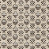 Scaled-out view of wallpaper in a repeating hand, eye and flower print in shades of brown and gray on a cream field.