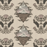 Detail of wallpaper in a repeating hand, eye and flower print in shades of brown and gray on a cream field.