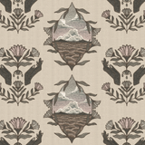 Detail of wallpaper in a repeating hand, eye and flower print in shades of brown and gray on a cream field.