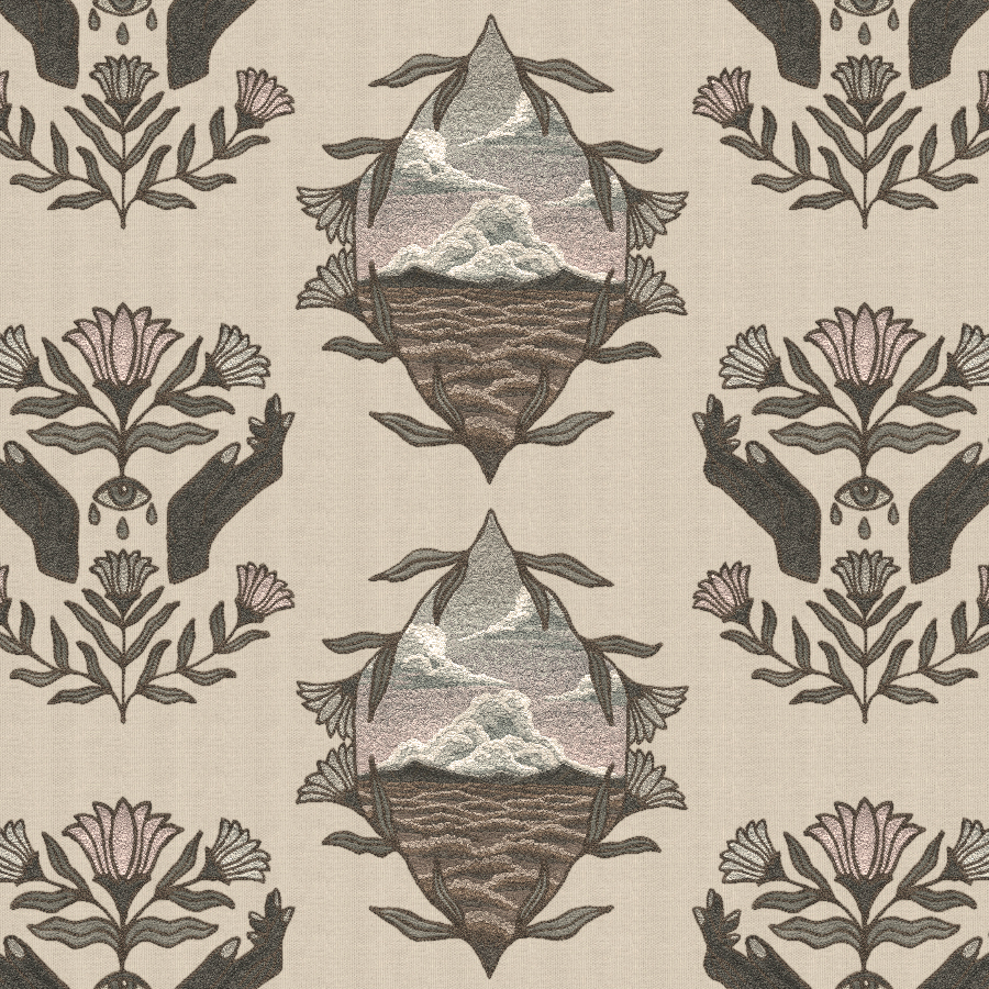 Detail of wallpaper in a repeating hand, eye and flower print in shades of brown and gray on a cream field.