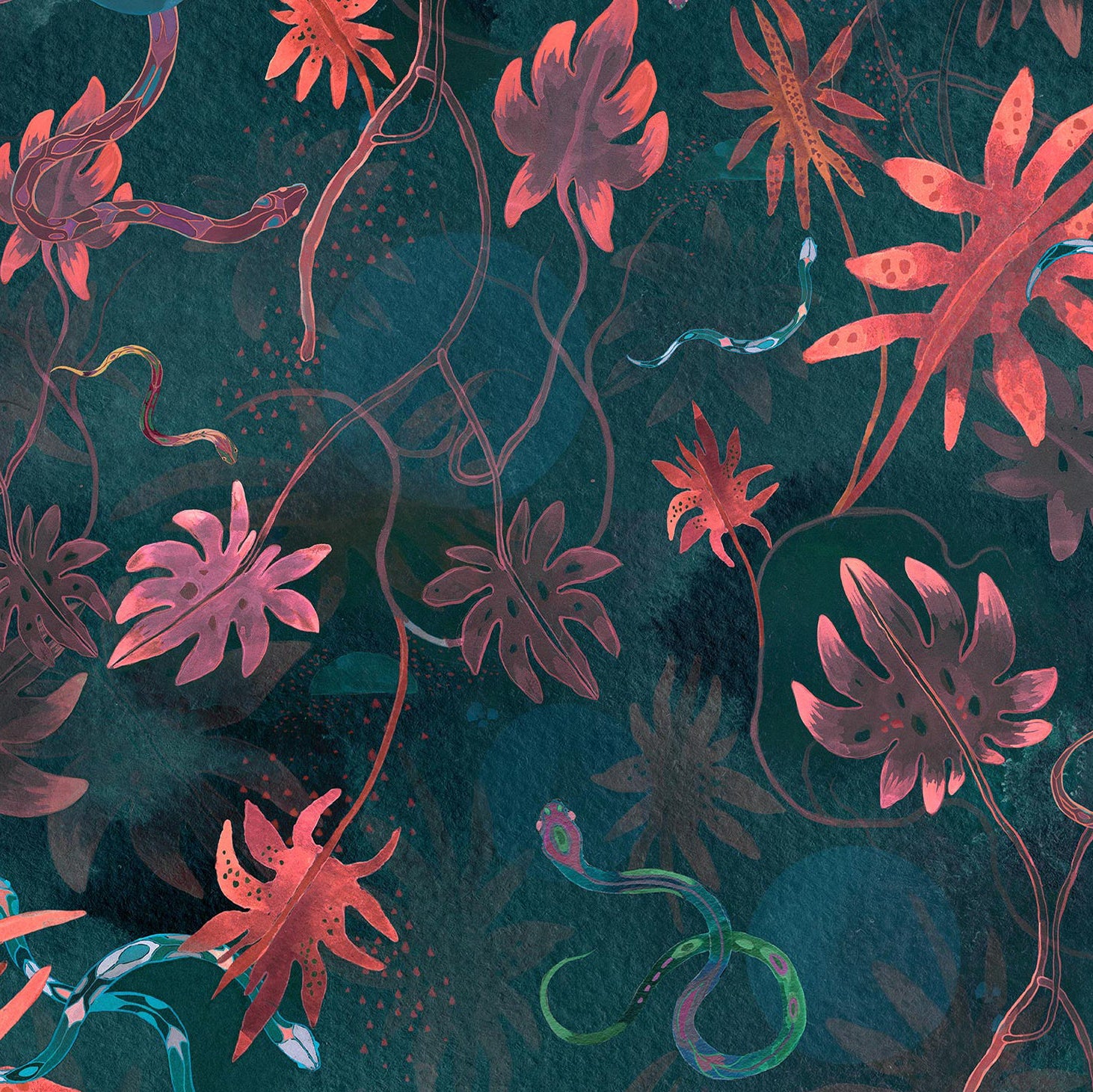 Detail of wallpaper in a playful leaf and snake print in pink, blue and green on a dark turquoise field.