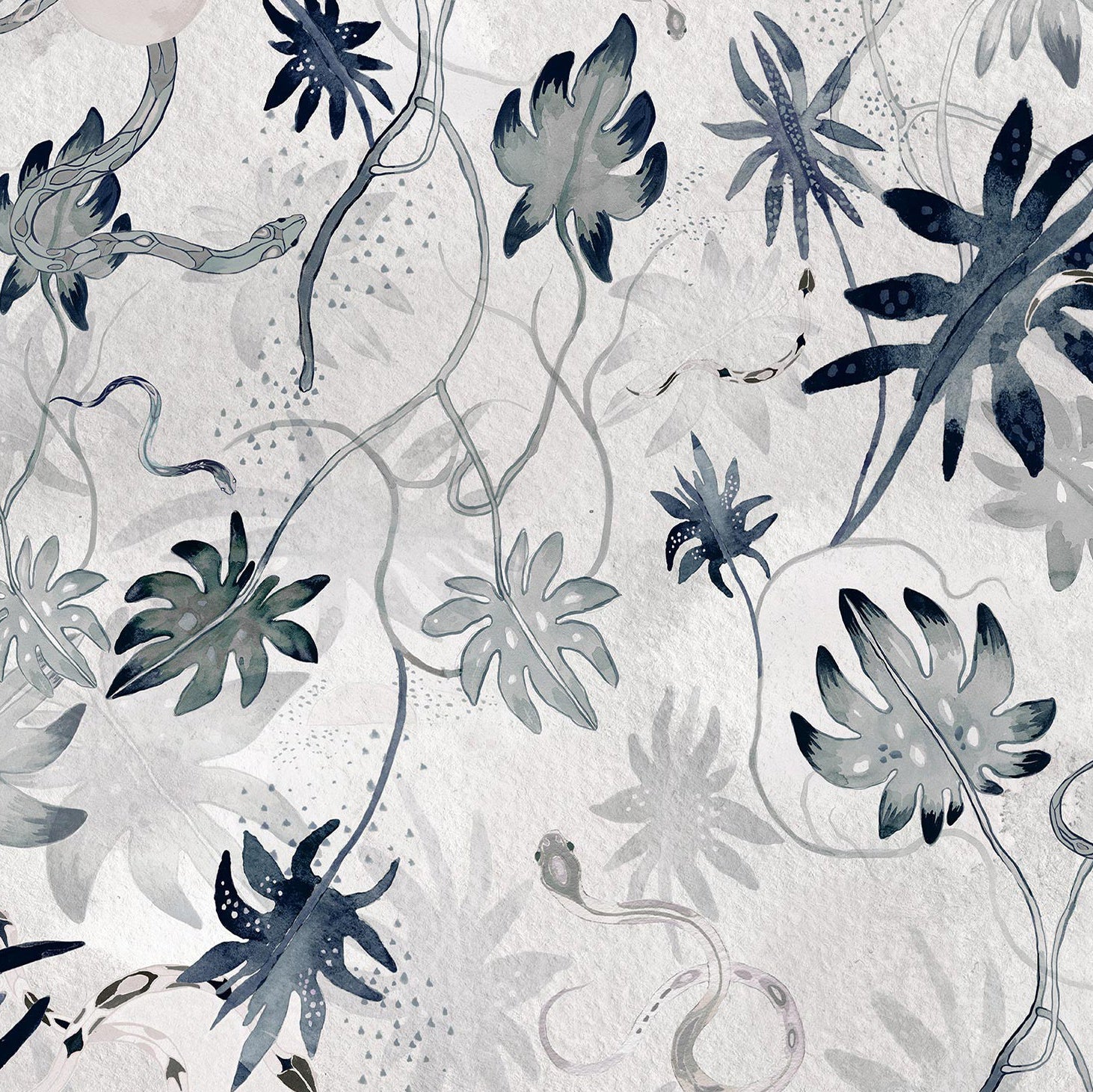 Detail of wallpaper in a playful leaf and snake print in gray and navy on a cream field.