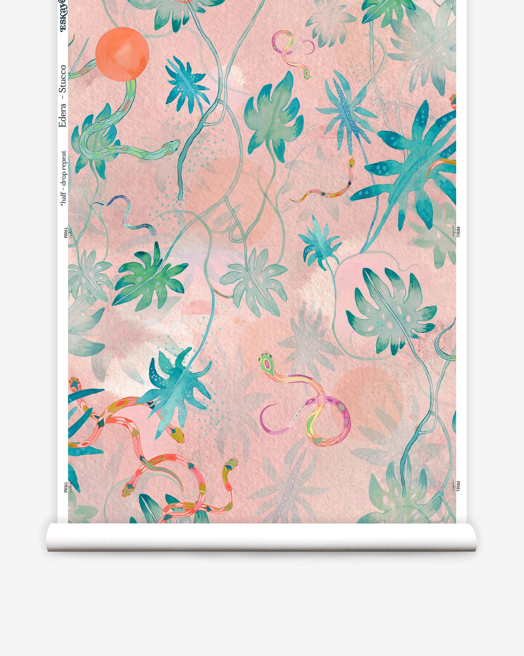 Partially unrolled wallpaper yardage in a playful leaf and snake print in turquoise, pink, green and coral.