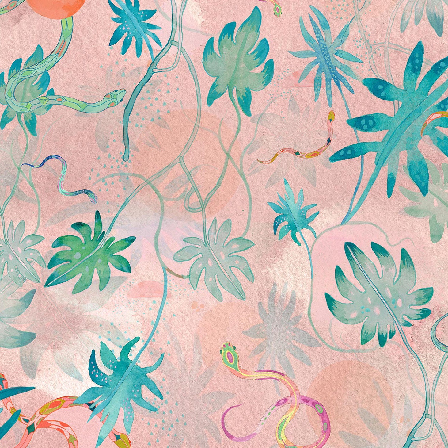 Detail of wallpaper in a playful leaf and snake print in turquoise, pink and green on a coral field.