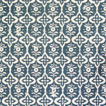 Detail of fabric in a floral grid print in cream on a navy field.