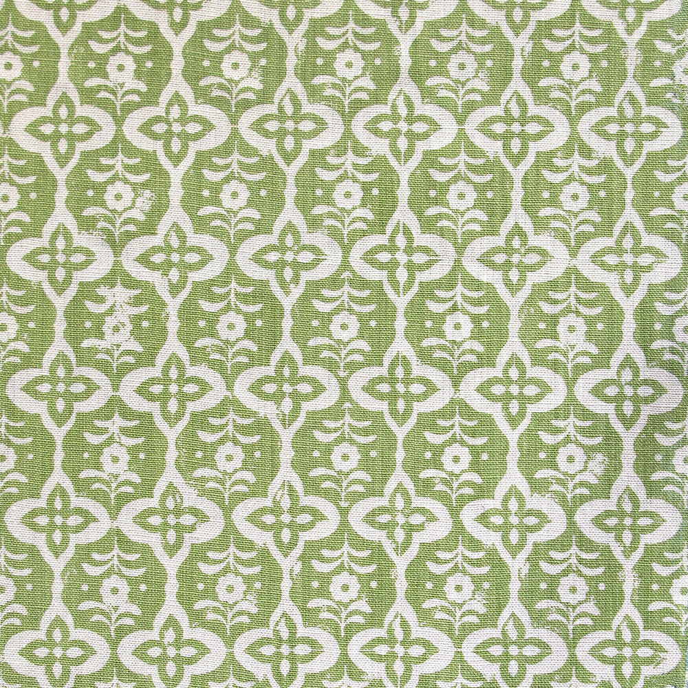 Detail of fabric in a floral grid print in cream on a green field.