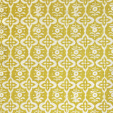 Detail of fabric in a floral grid print in cream on a mustard field.