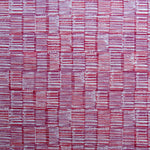 Detail of fabric in a textural grid print in pink and purple on a light gray field.