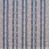 Detail of fabric in a dense tribal stripe pattern in shades of greige, brown and navy.