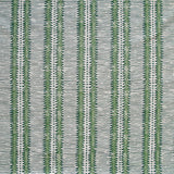 Detail of fabric in a dense tribal stripe pattern in shades of gray and green.