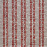 Detail of fabric in a dense tribal stripe pattern in shades of gray and red.