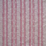 Detail of fabric in a dense tribal stripe pattern in shades of gray, pink and maroon.