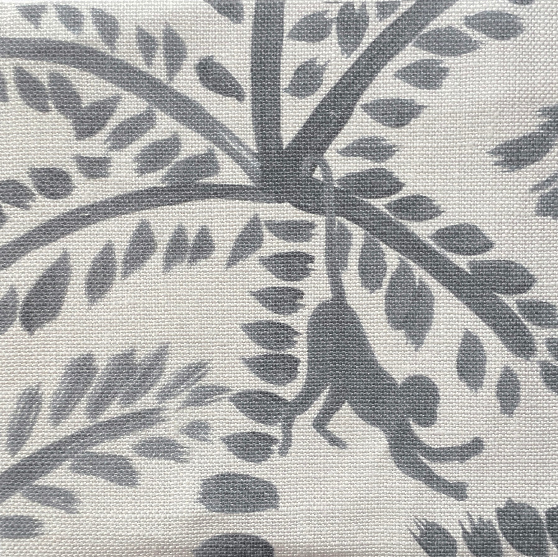 Close-up of fabric in a playful palm tree and monkey print in navy on a cream field.