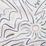 Close-up of fabric in a playful abstract sun print in brown, gray and navy on a white field.