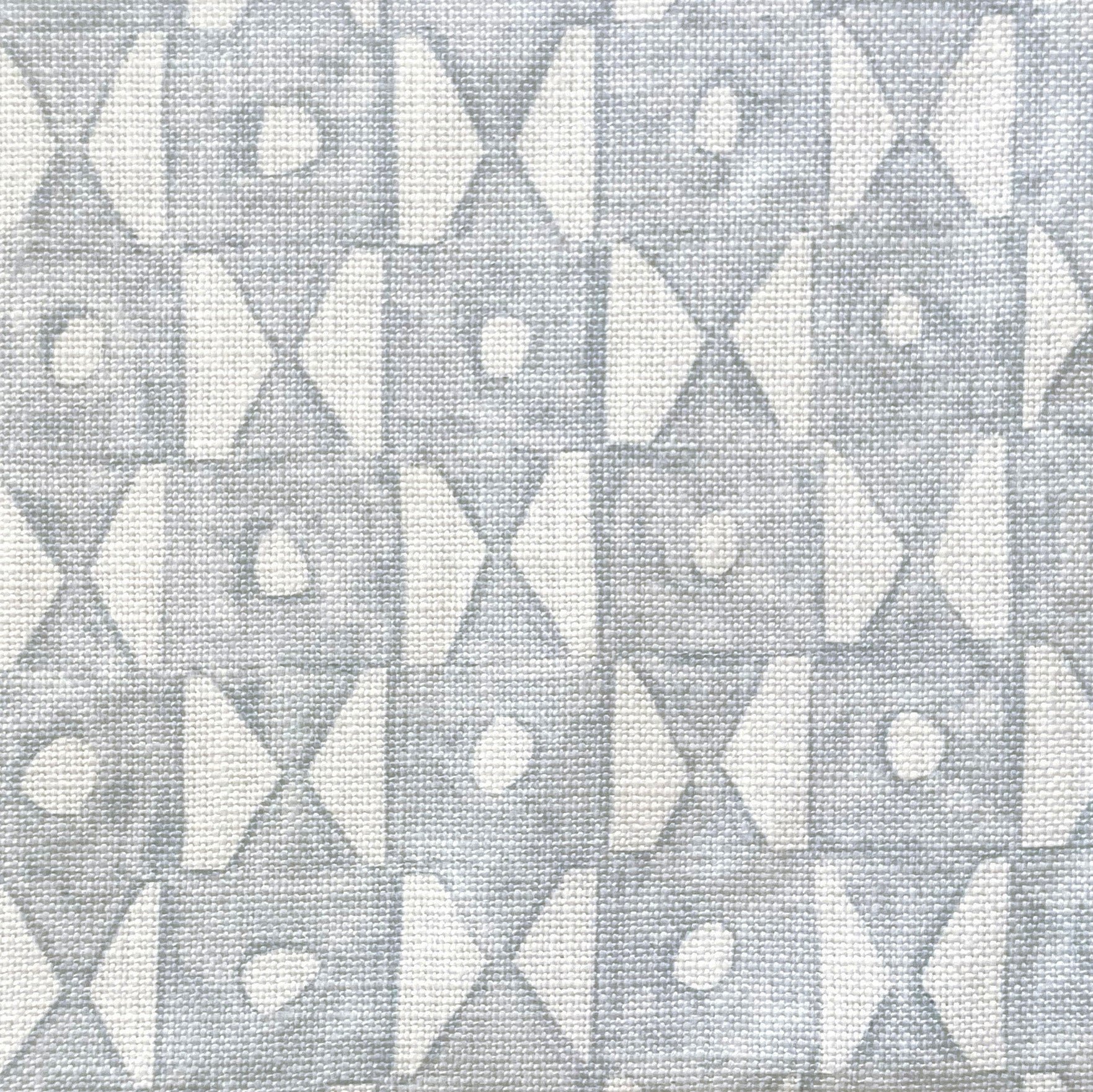 Close-up of fabric in a geometric grid print in light blue on a white field.