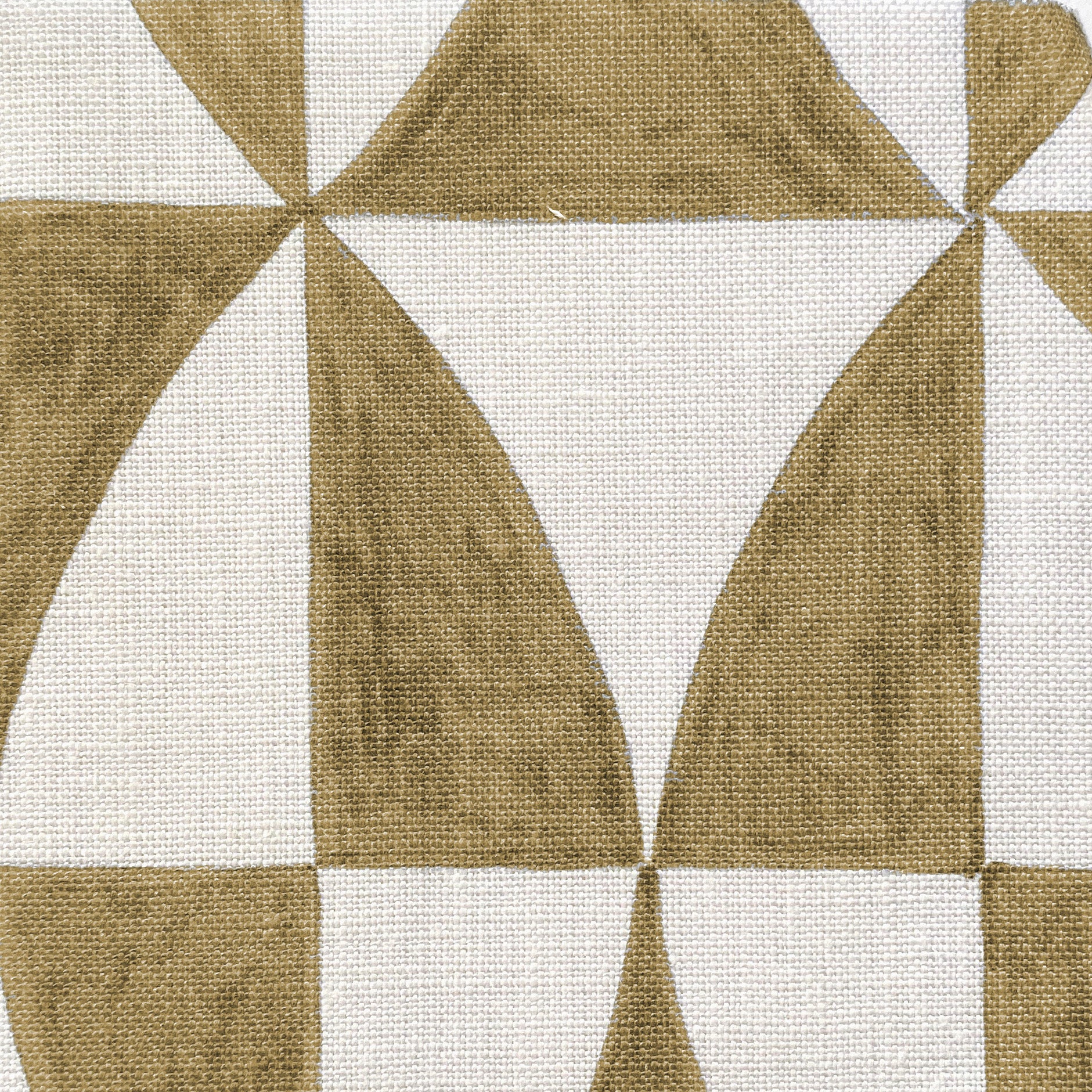 Close-up of fabric in a curvilinear grid print in mustard on a white field.