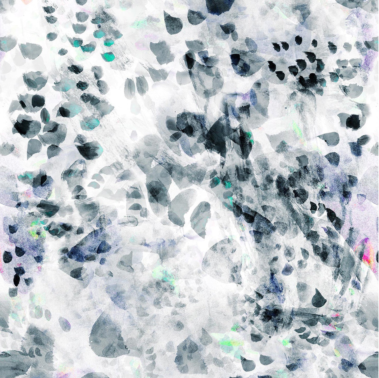 Detail of wallpaper in an abstract paint blotch print in black, gray, blue and green on a white field.